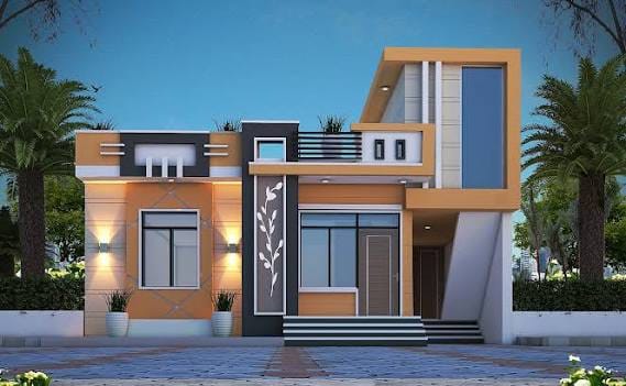 Earthy Ochre & Charcoal Villa with Glass Tower - 3D elevation design by H2 Construction Kallakurichi